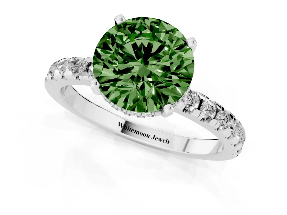 Fancy Green Round Cut Diamond Solitaire Ring with Round Pavé Band and Four-Prong Setting Silver