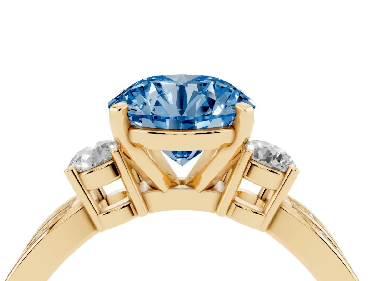 Fancy Blue Three-Stone Round Cut Cut Diamond Twist Band with Prong Setting Yellow gold