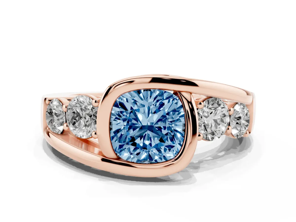 Fancy Blue Bezel Set Cushion Cut Diamond Bypass Ring with Round Accents Rose gold