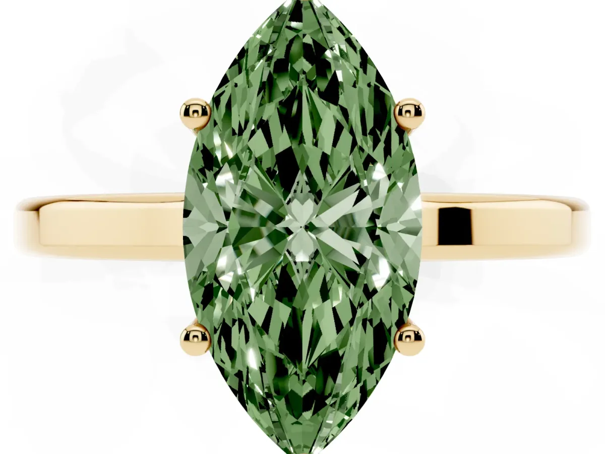 Fancy Green Marquise Cut Cut Solitaire Engagement Ring with Four-Prong Setting on a Classic Band Yellow gold