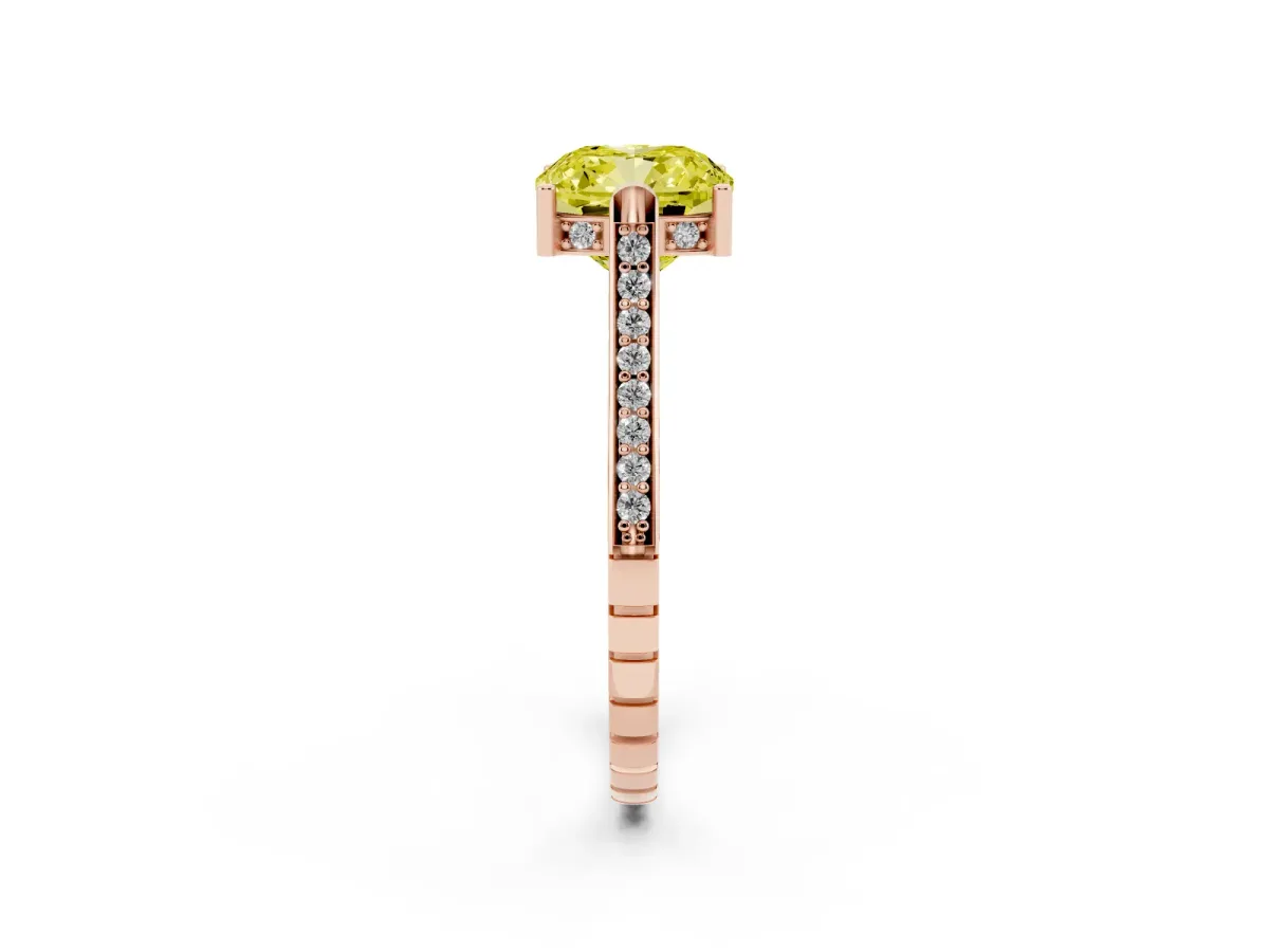 Fancy Yellow Cushion Cut Solitaire Diamond Ring with Channel Set Band and Bezel Prong Setting Rose gold