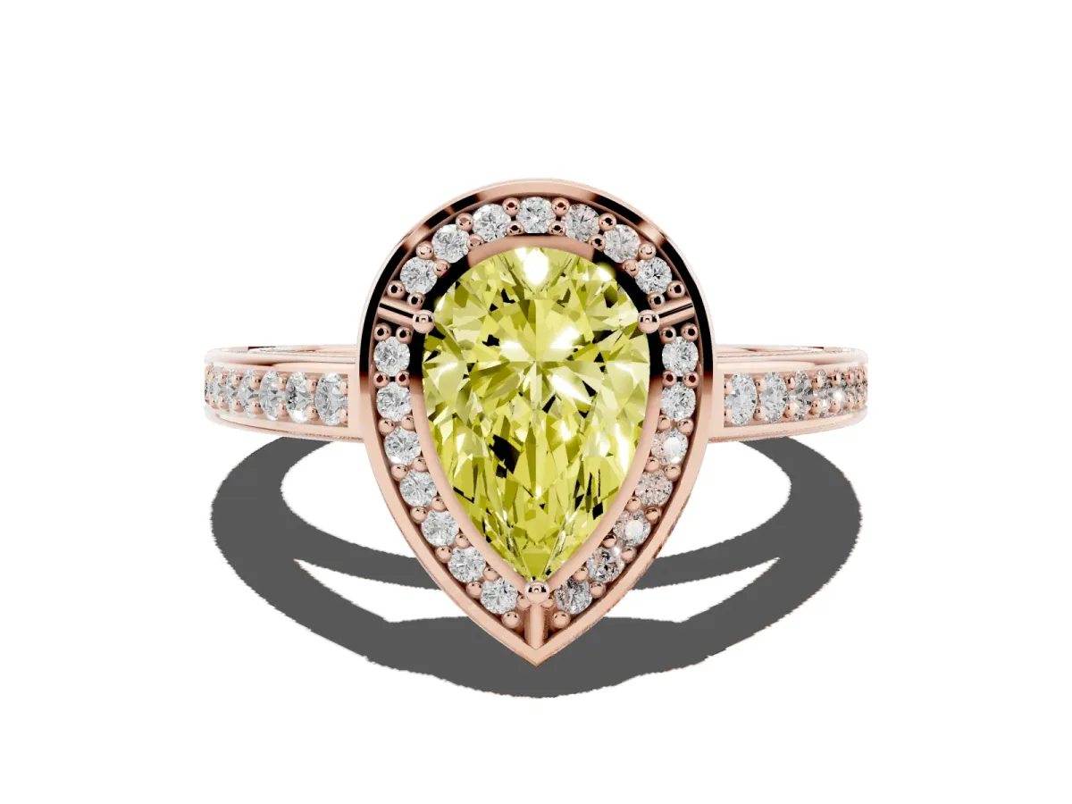 Fancy Yellow Pear Cut Cut Halo Pave Split Shank Prong Setting Ring Rose gold