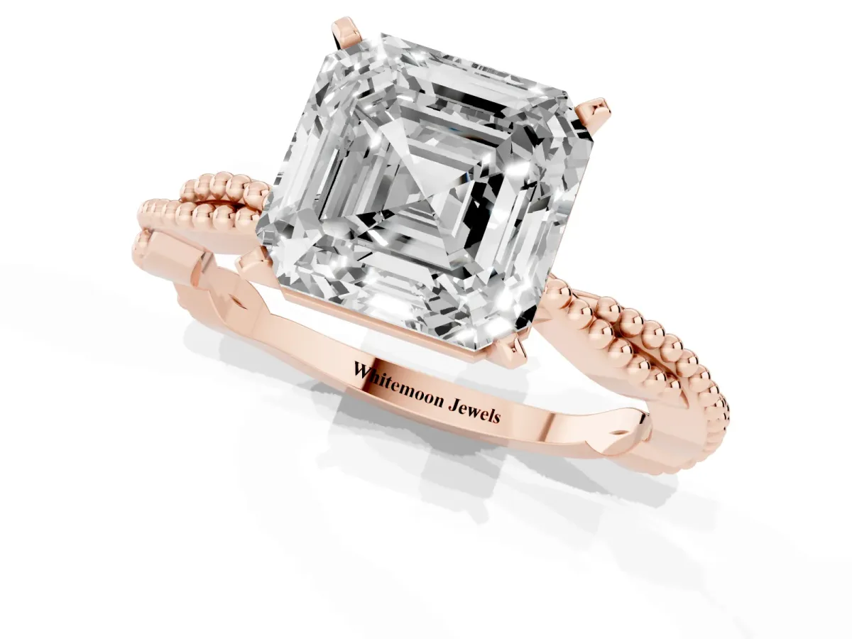 Asscher Cut Solitaire Twisted Band with Bead Prong Setting Rose gold