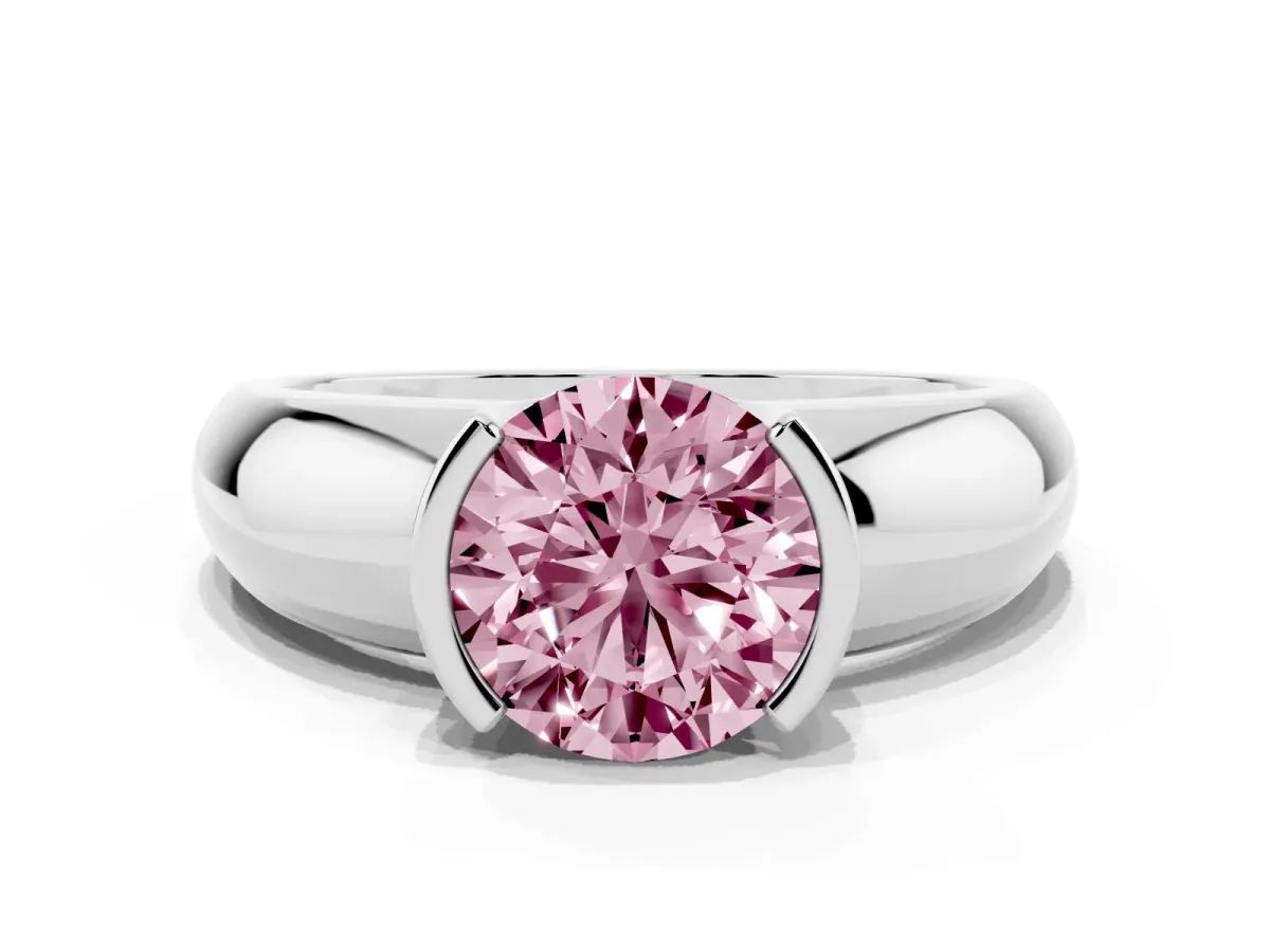 Fancy Pink Round Cut Solitaire Tension Set Diamond Ring with Wide Band Silver