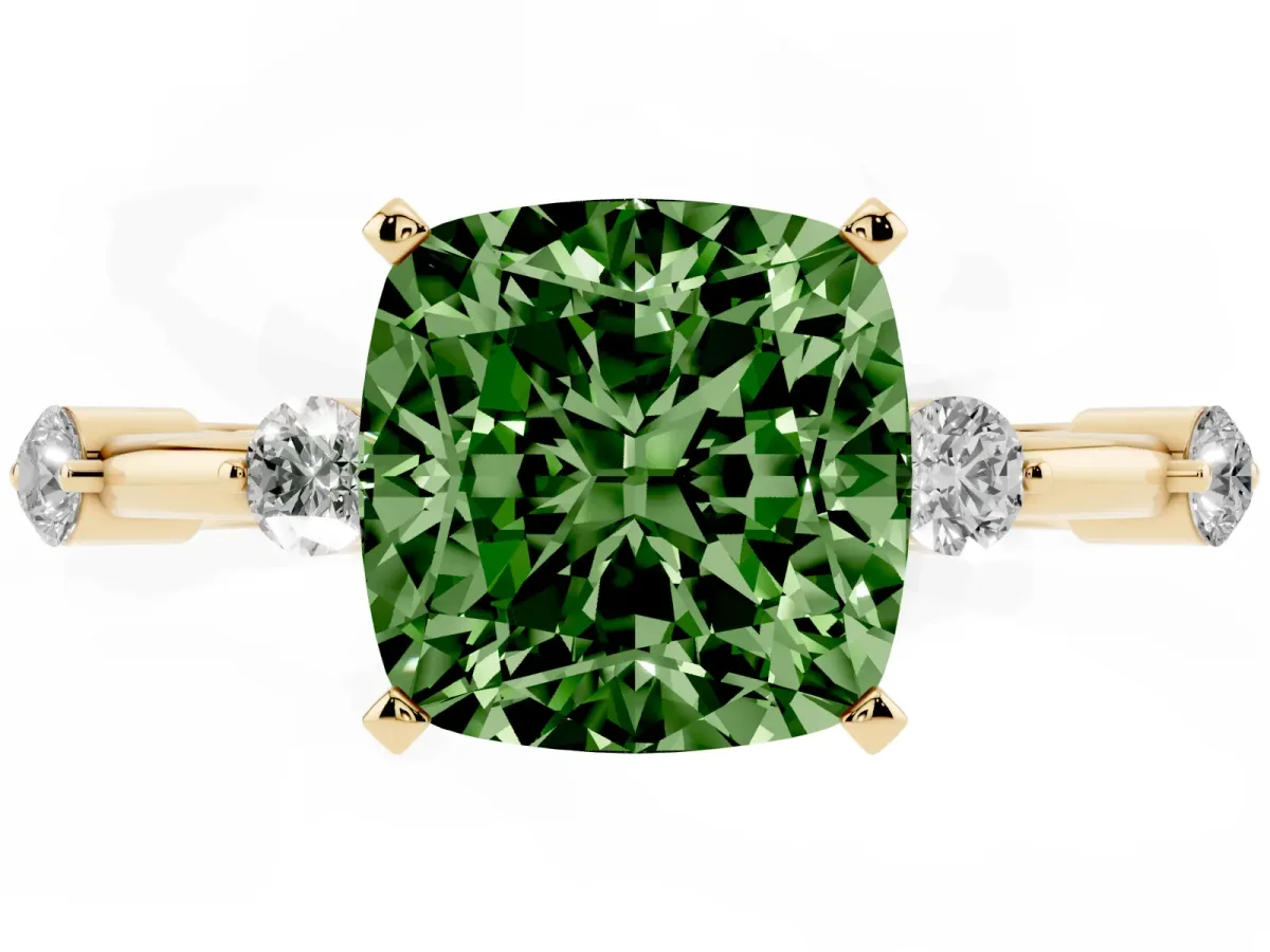 Fancy Green Cushion Cut Solitaire Diamond Ring with Bezel Set Side Stones and Prong Setting Yellow gold