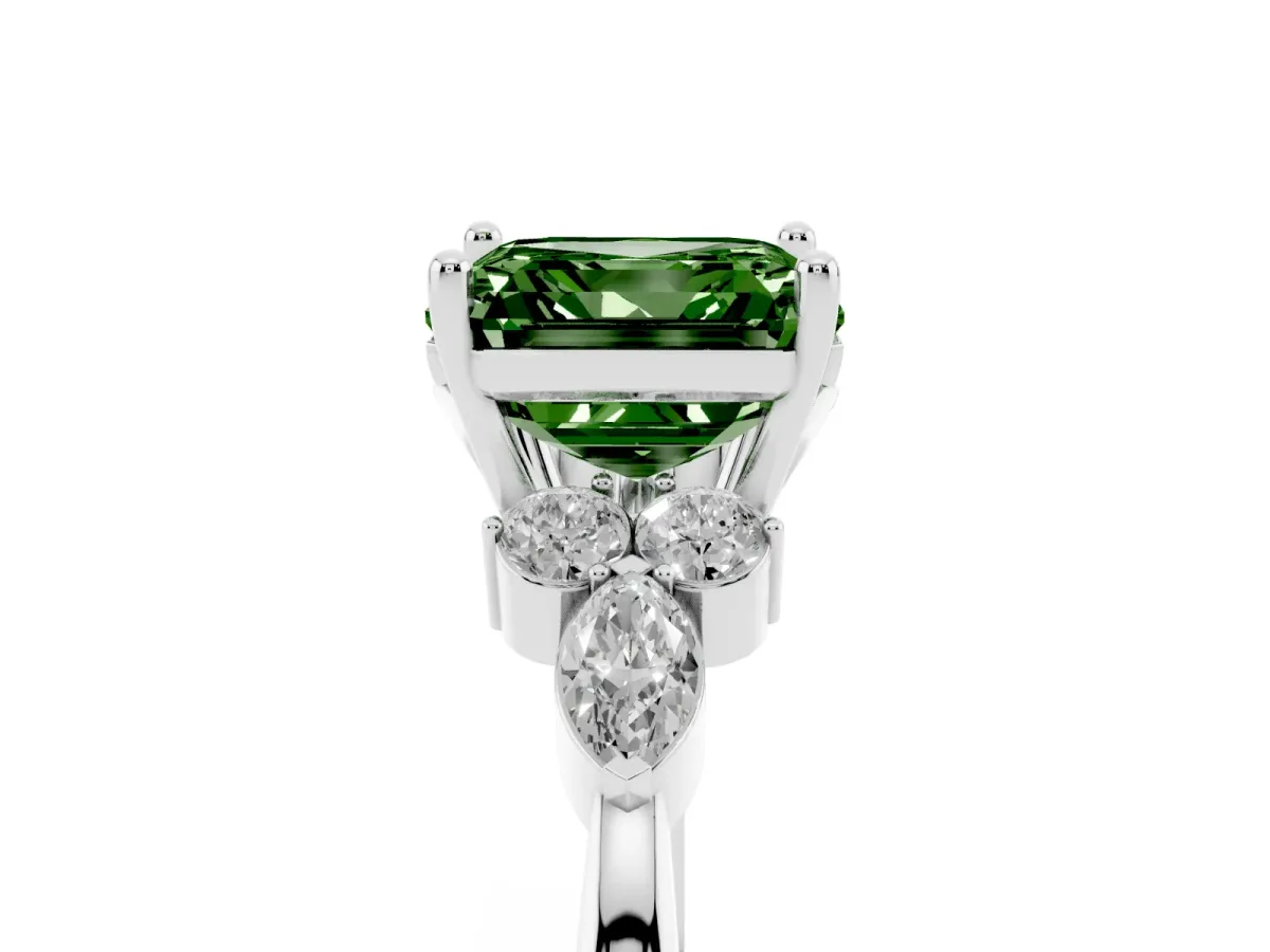 Fancy Green Asscher Cut Brilliant Diamond Solitaire Ring with Pear Side Stones and Four-Prong Setting Platinum