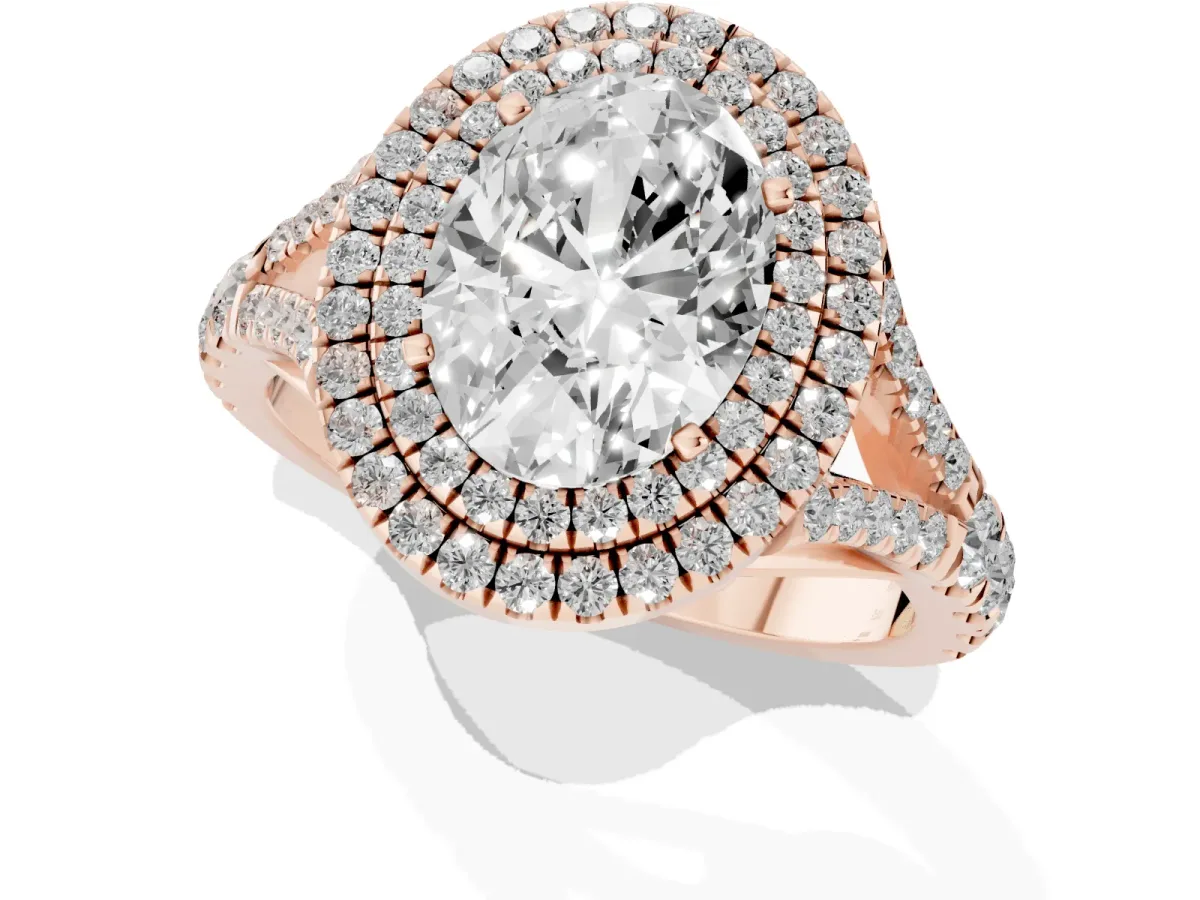 Oval Cut Cut Double Halo Split Shank Diamond Ring with Prong Setting Rose gold