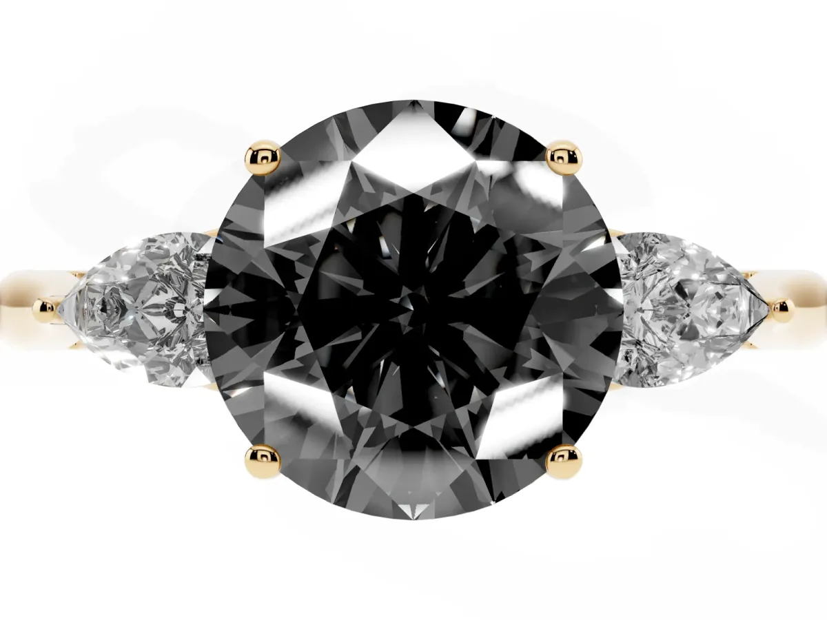 Fancy Black Three-Stone Round Cut Brilliant Diamond Solitaire Ring with Tapered Band and Four-Prong Setting Yellow gold
