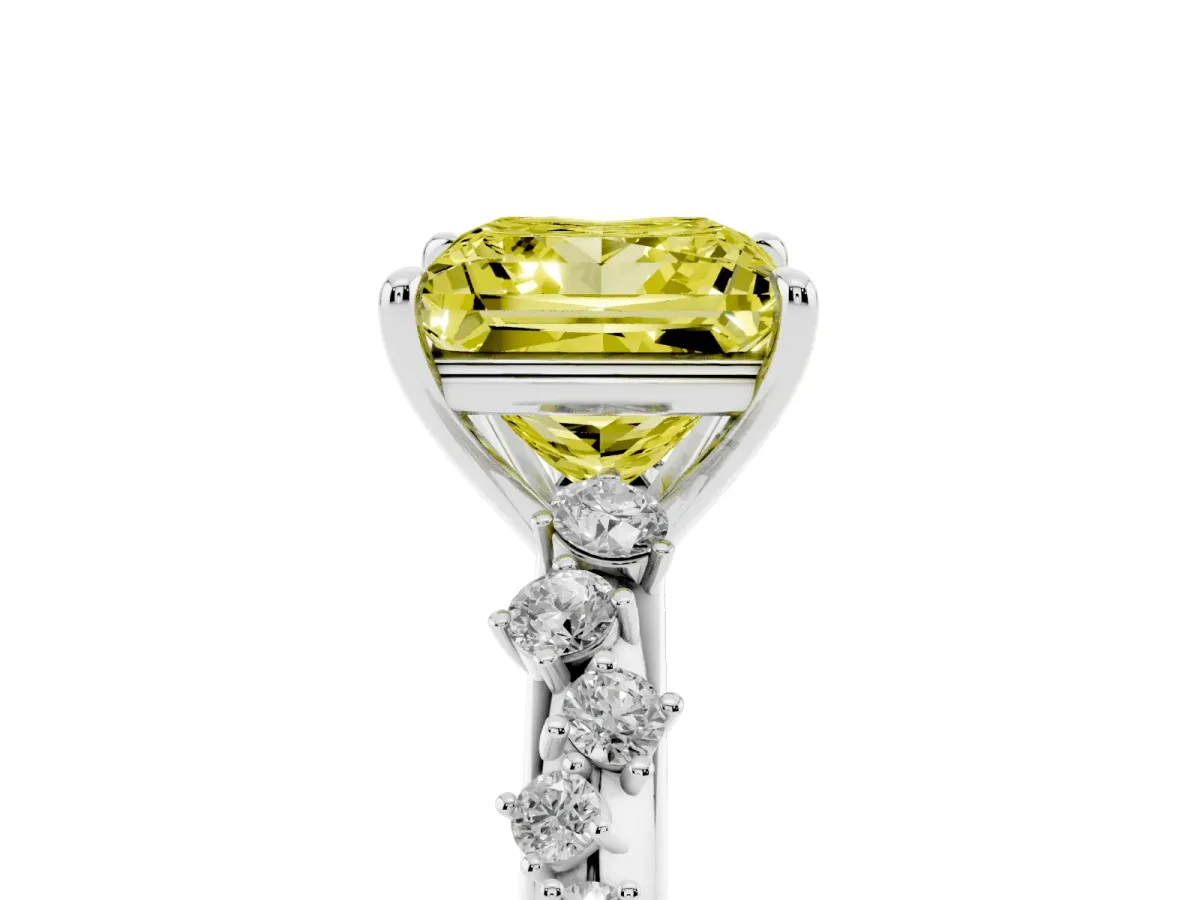 Fancy Yellow Princess Cut Diamond Cluster Side Stone Solitaire Ring with Prong Setting White gold