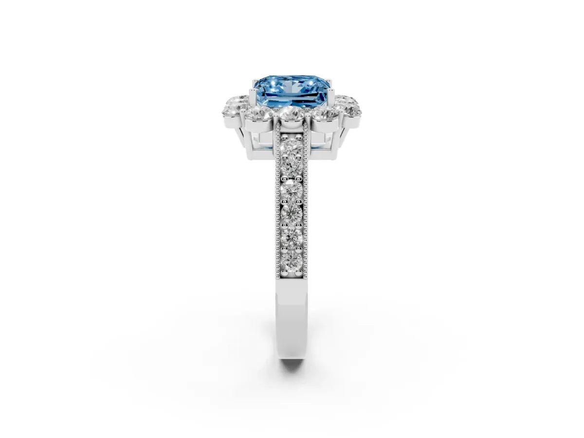 Fancy Blue Princess Cut Cut Halo Diamond Pavé Engagement Ring with Milgrain Detailing Silver