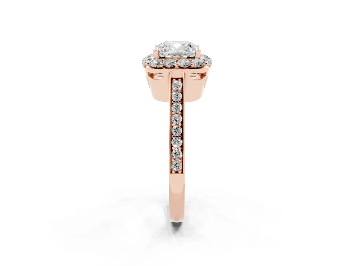 Cushion Cut Diamond Floral Halo Ring with Pavé Band and Prong Setting Rose gold