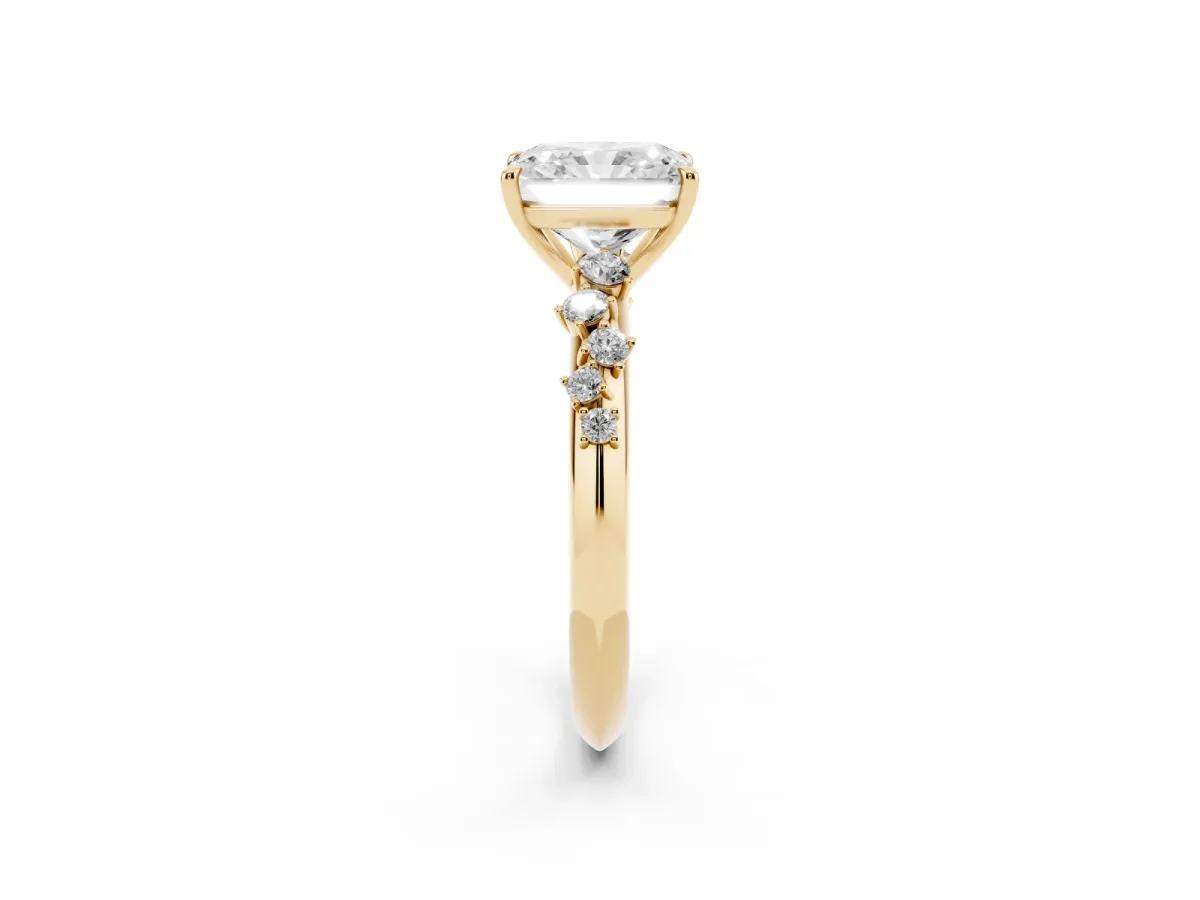 Radiant Cut Diamond Cluster Side Stone Solitaire Ring with Prong Setting Yellow gold