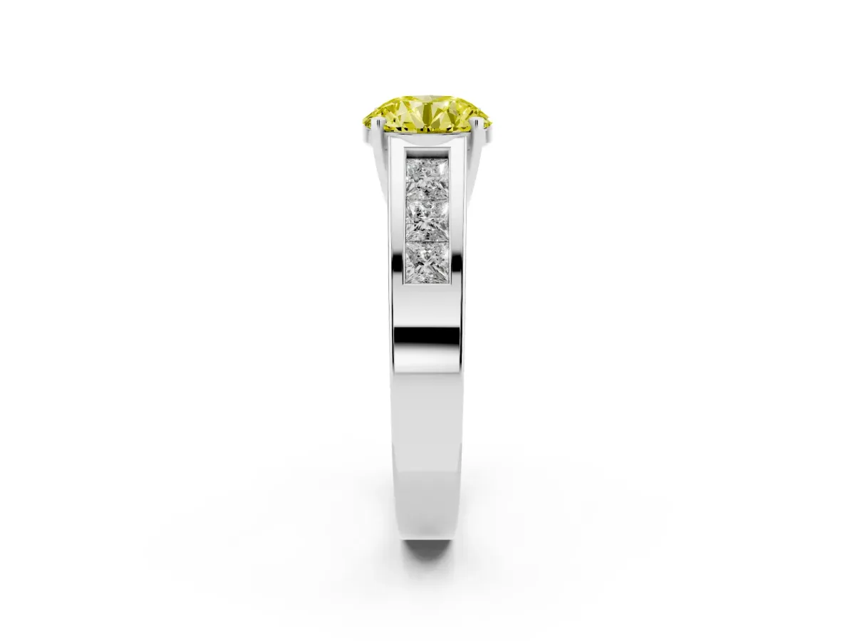 Fancy Yellow Round Cut Cut Channel Set Solitaire Ring with Four-Prong Setting Silver