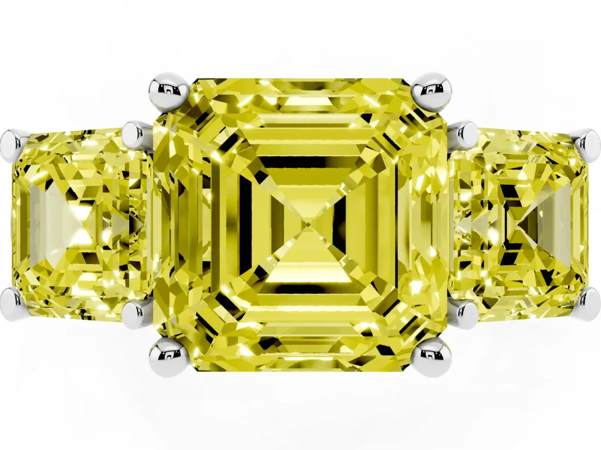 Fancy Yellow Three-Stone Asscher Cut Brilliant Diamond Trellis Ring with Comfort Fit Band Silver