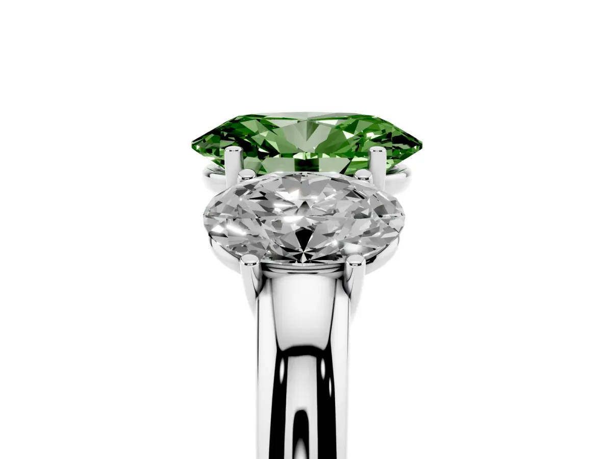 Fancy Green Oval Cut Diamond Three-Stone Ring with Four-Prong Setting and Classic Band Platinum