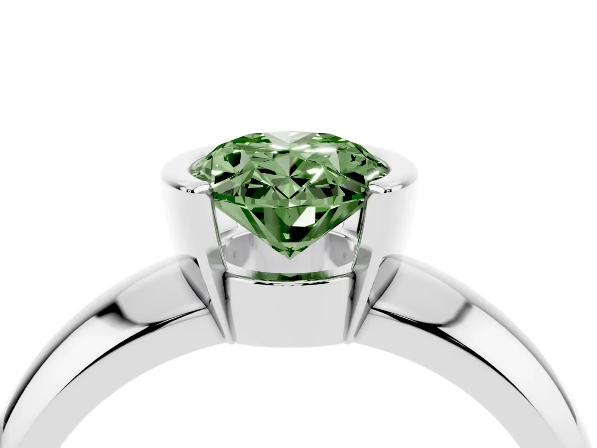 Fancy Green Oval Cut Solitaire Tension Set Diamond Ring with Wide Band Silver