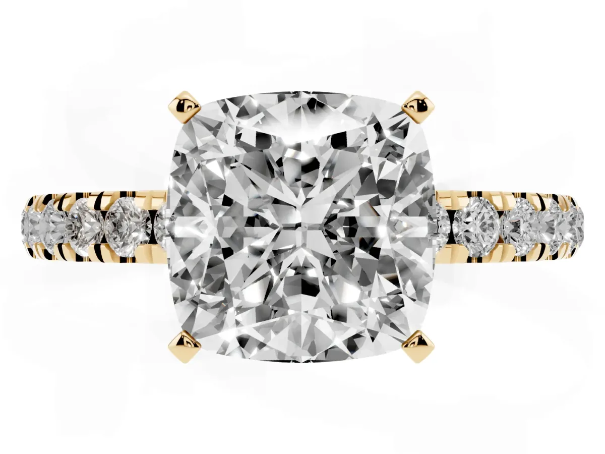 Cushion Cut Diamond Solitaire Ring with Pavé Accents and Four-Prong Setting Yellow gold