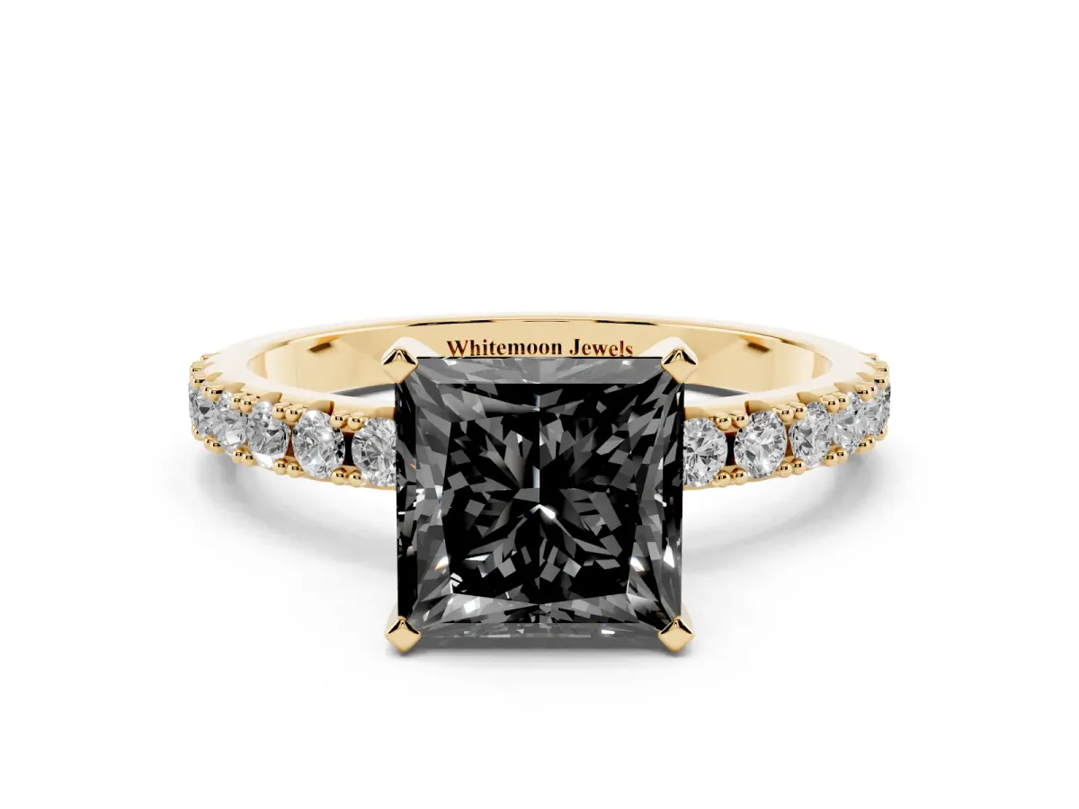 Fancy Black Princess Cut Diamond Solitaire Pavé Band with Four-Prong Setting Yellow gold