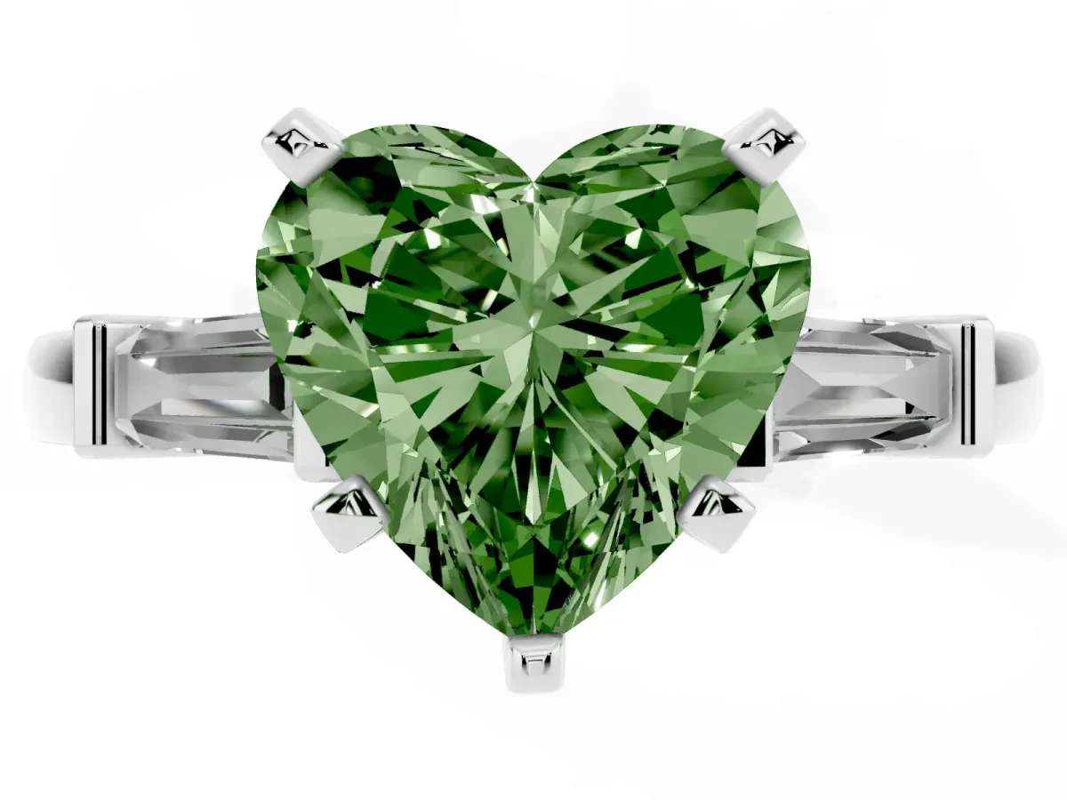 Fancy Green Heart Cut Cut Diamond Solitaire Ring with Tapered Baguette Accents and Four-Prong Setting Platinum