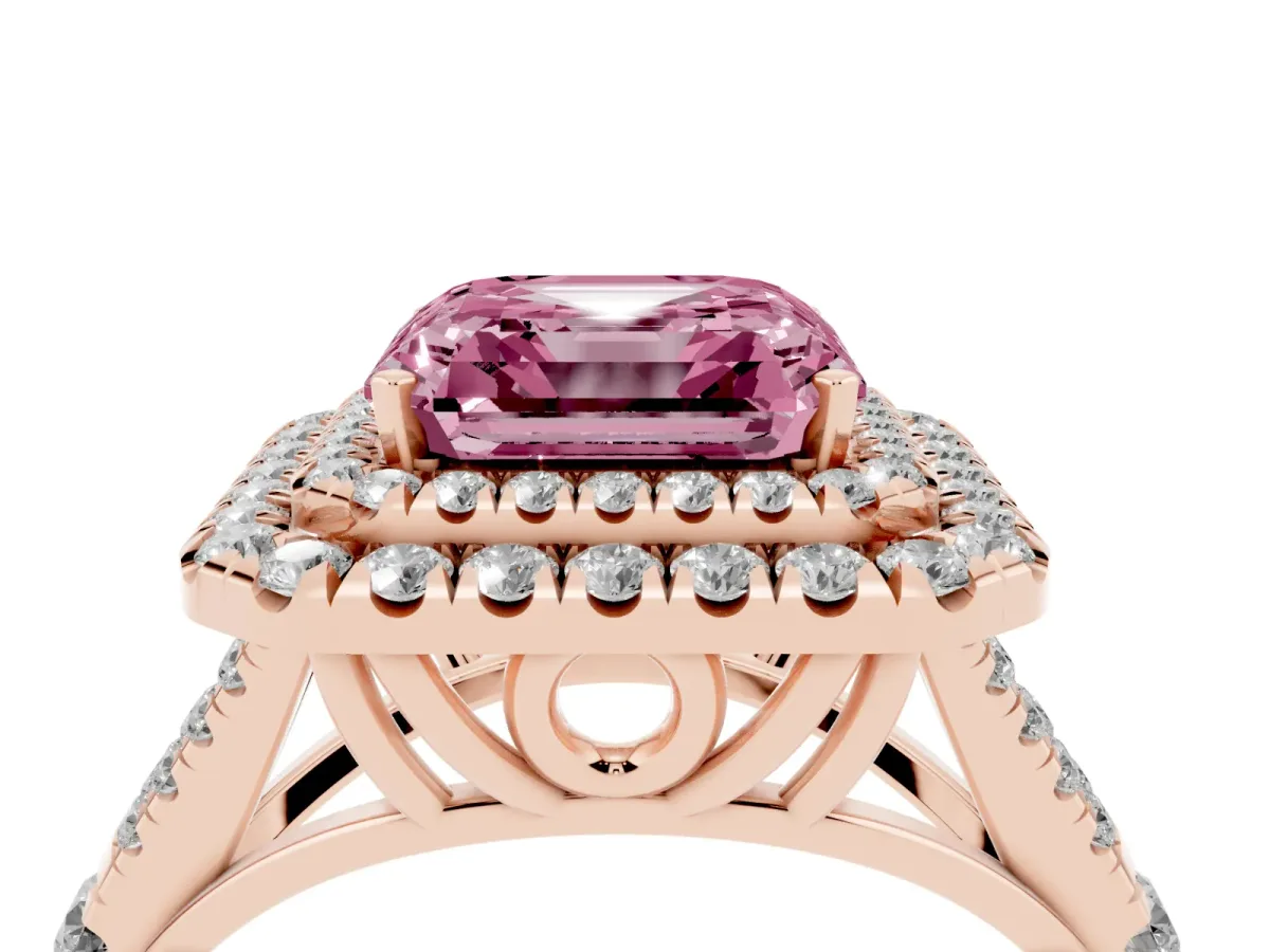 Fancy Pink Asscher Cut Cut Double Halo Split Shank Diamond Ring with Prong Setting Rose gold