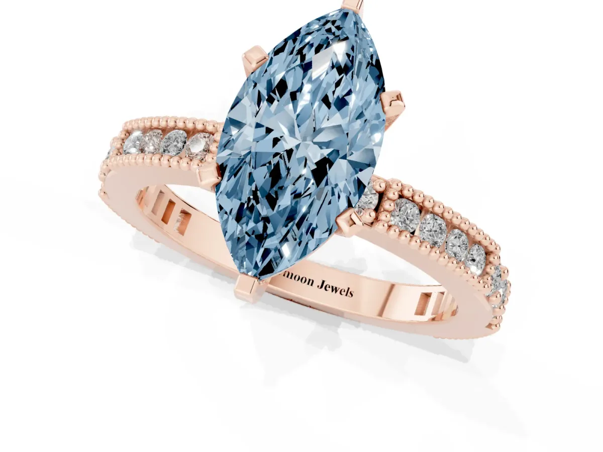 Fancy Blue Marquise Cut Solitaire with Pavé Band and Four-Prong Setting Rose gold