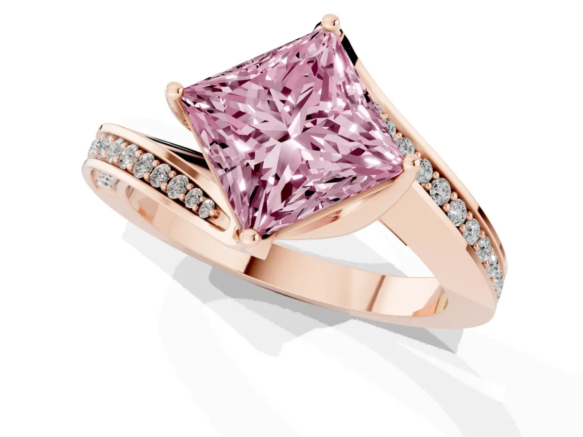 Fancy Pink Princess Cut Solitaire Diamond Twist Band with Pavé Setting and Four-Prong Setting Rose gold