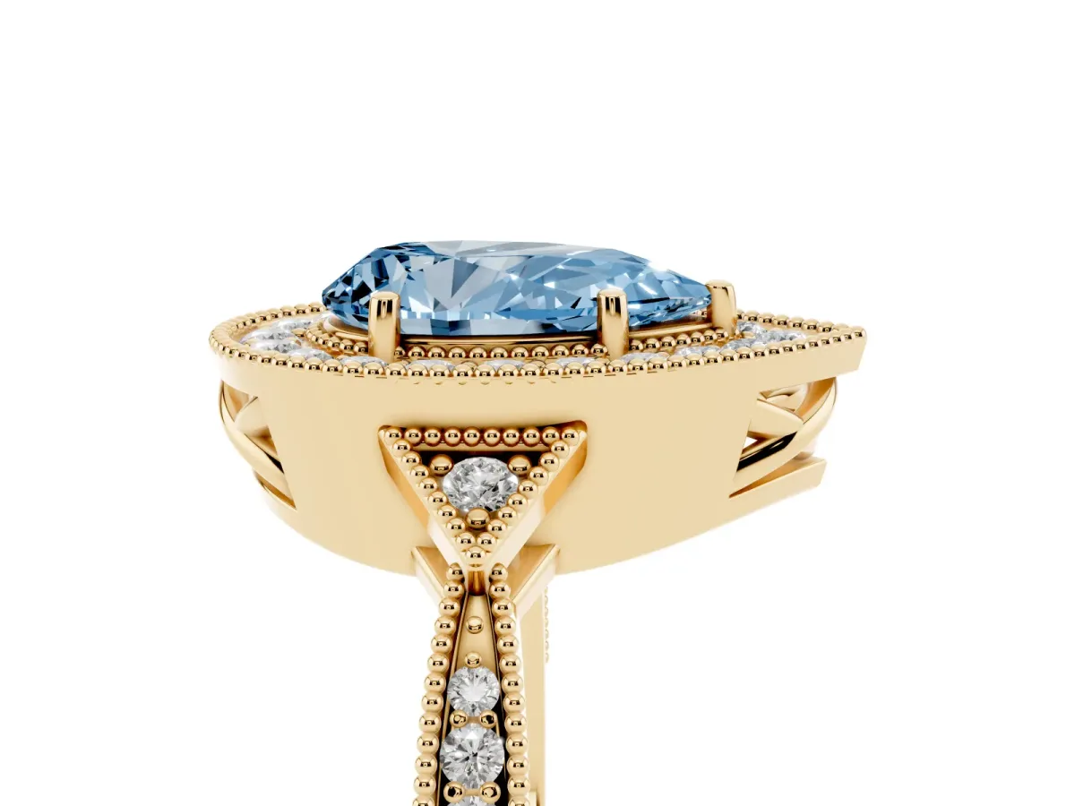 Fancy Blue Pear Cut Halo Round Diamond Milgrain Pave Engagement Ring Yellow gold