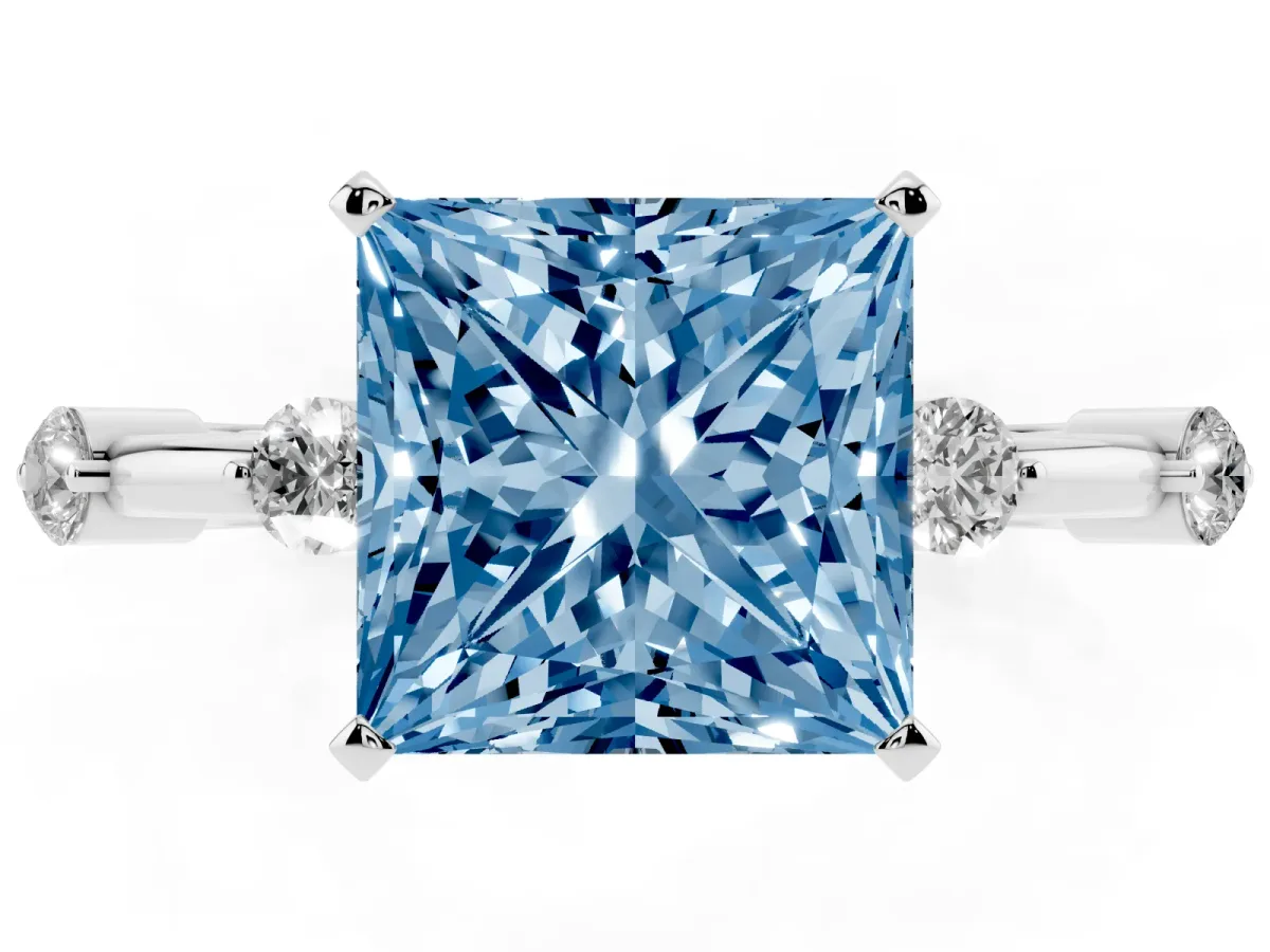 Fancy Blue Princess Cut Solitaire Diamond Ring with Bezel Set Side Stones and Prong Setting Platinum
