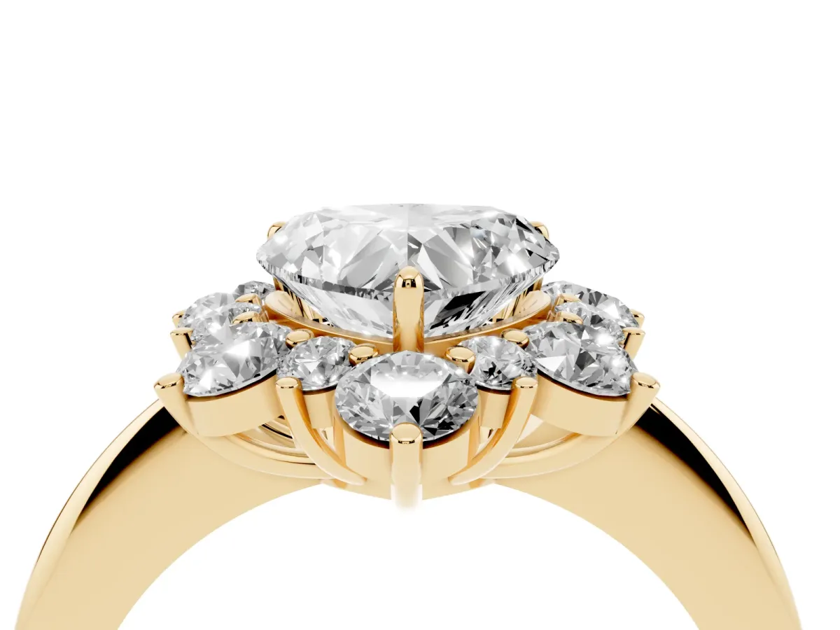 Heart Cut Diamond Cluster Halo Ring with Solitaire Band and Four-Prong Setting Yellow gold
