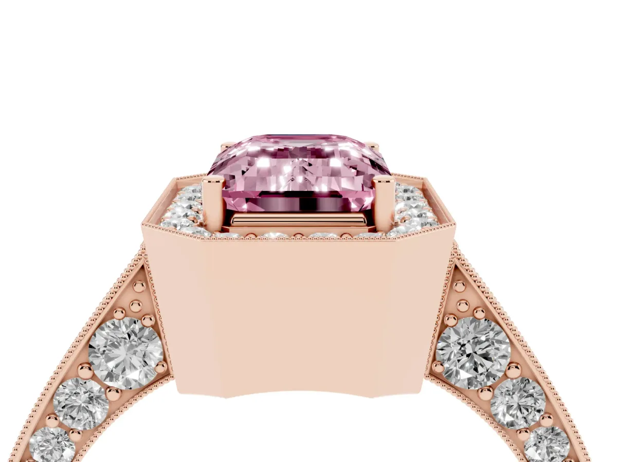 Fancy Pink Emerald Cut Halo Diamond Engagement Ring with Split Shank Band and Four-Prong Setting Rose gold