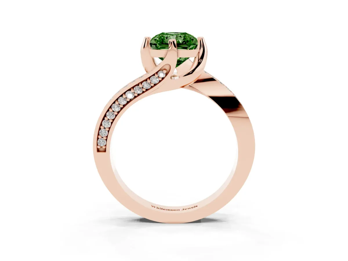 Fancy Green Radiant Cut Solitaire Diamond Twist Band with Pavé Setting and Four-Prong Setting Rose gold