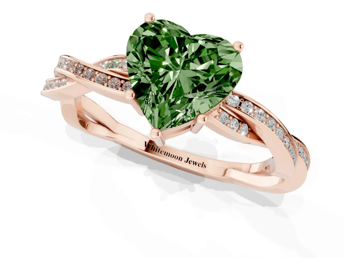 Fancy Green Heart Cut Solitaire Twisted Pave Diamond Ring with Four-Prong Setting Rose gold