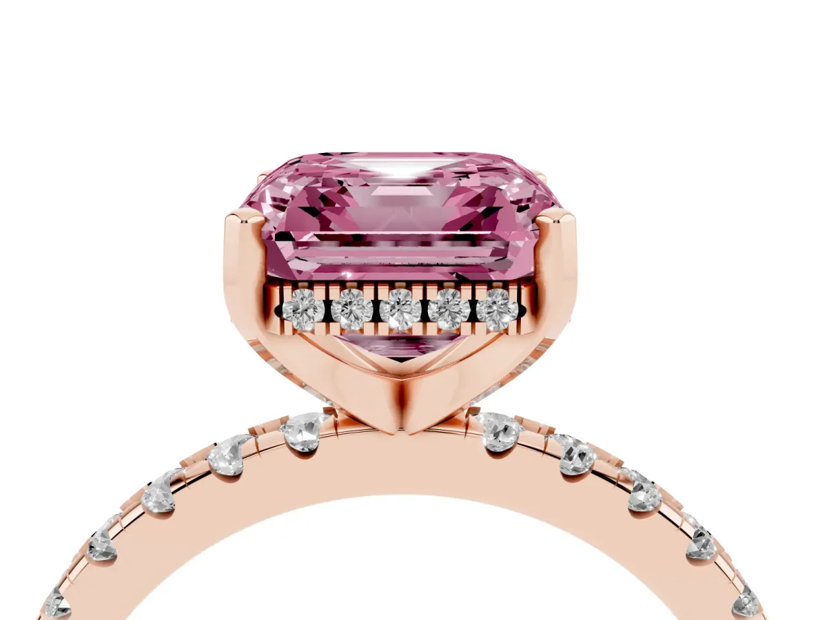 Fancy Pink Asscher Cut Diamond Solitaire Ring with Round Pavé Band and Four-Prong Setting Rose gold