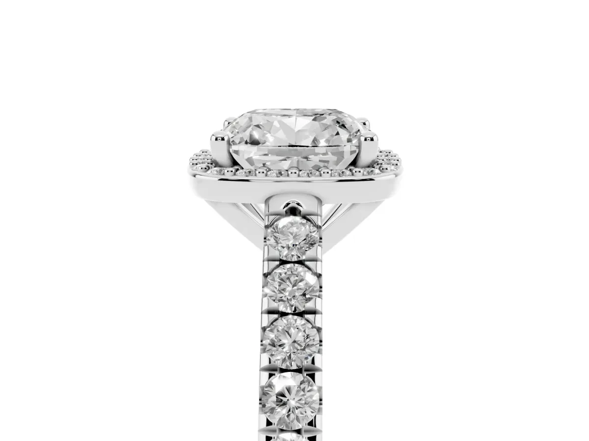 Cushion Cut Cut Halo Diamond Engagement Ring with Pave Band and Four-Prong Setting Platinum