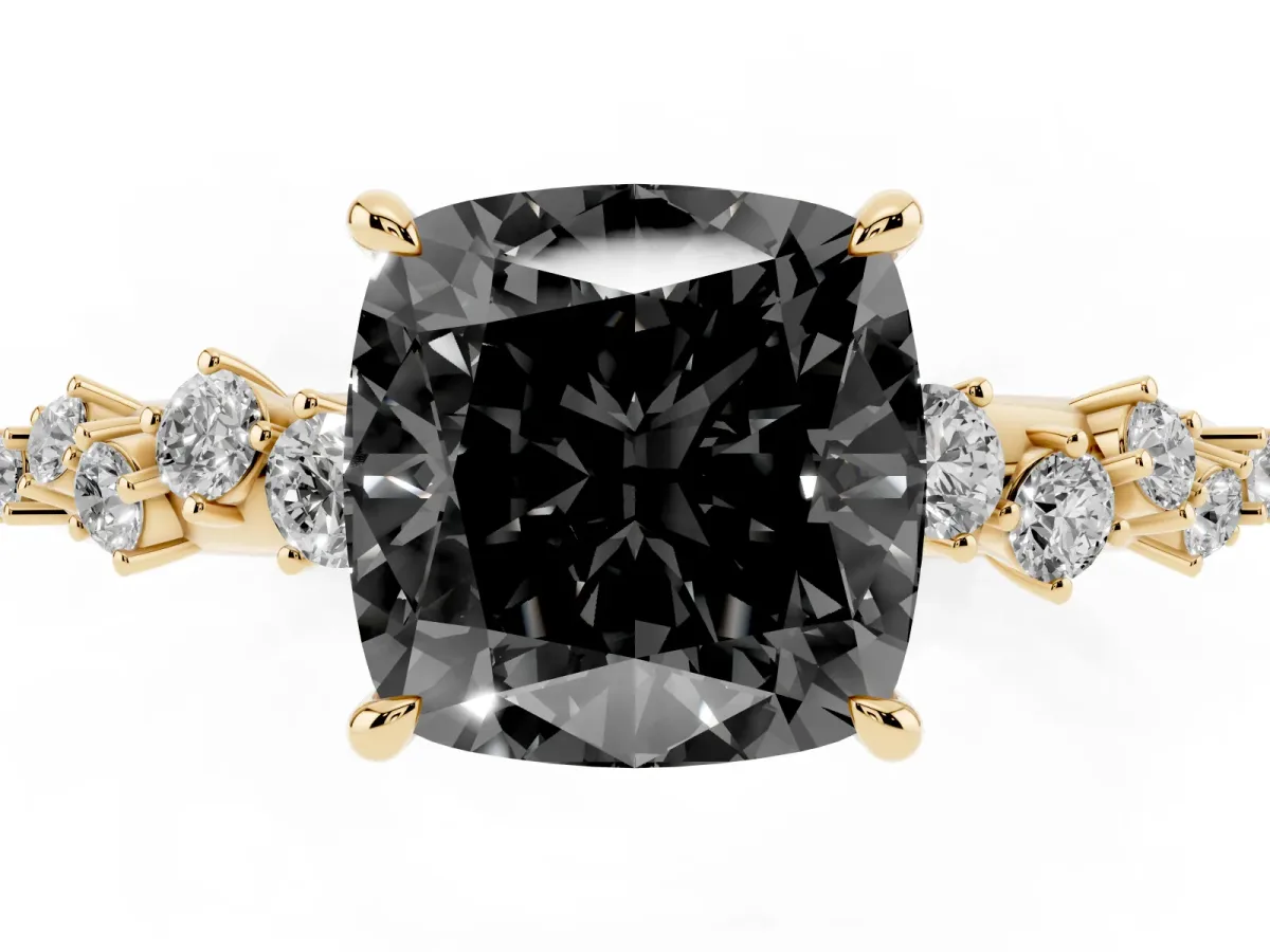 Fancy Black Cushion Cut Diamond Cluster Side Stone Solitaire Ring with Prong Setting Yellow gold