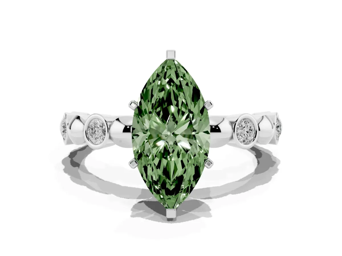Fancy Green Marquise Cut Solitaire Bezel-Set Diamond Ring with Beaded Band and Four-Prong Setting Platinum