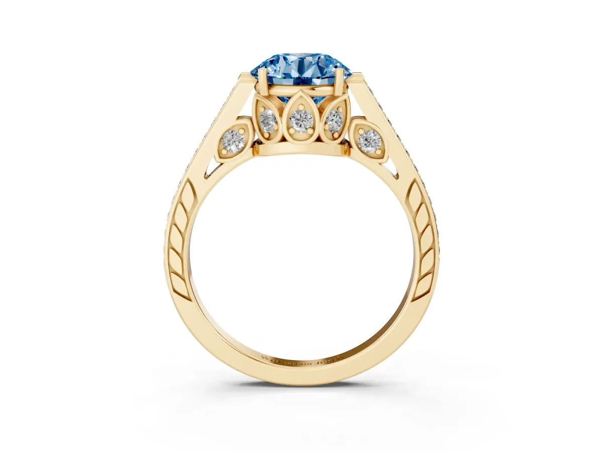 Fancy Blue Round Cut Cut Cathedral Pave Diamond Engagement Ring with Six-Prong Setting Yellow gold