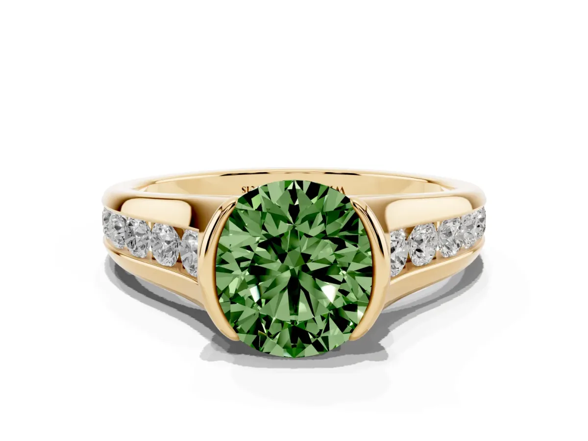 Fancy Green Round Cut Solitaire Bezel-Set Diamond Ring with Channel-Set Band Yellow gold