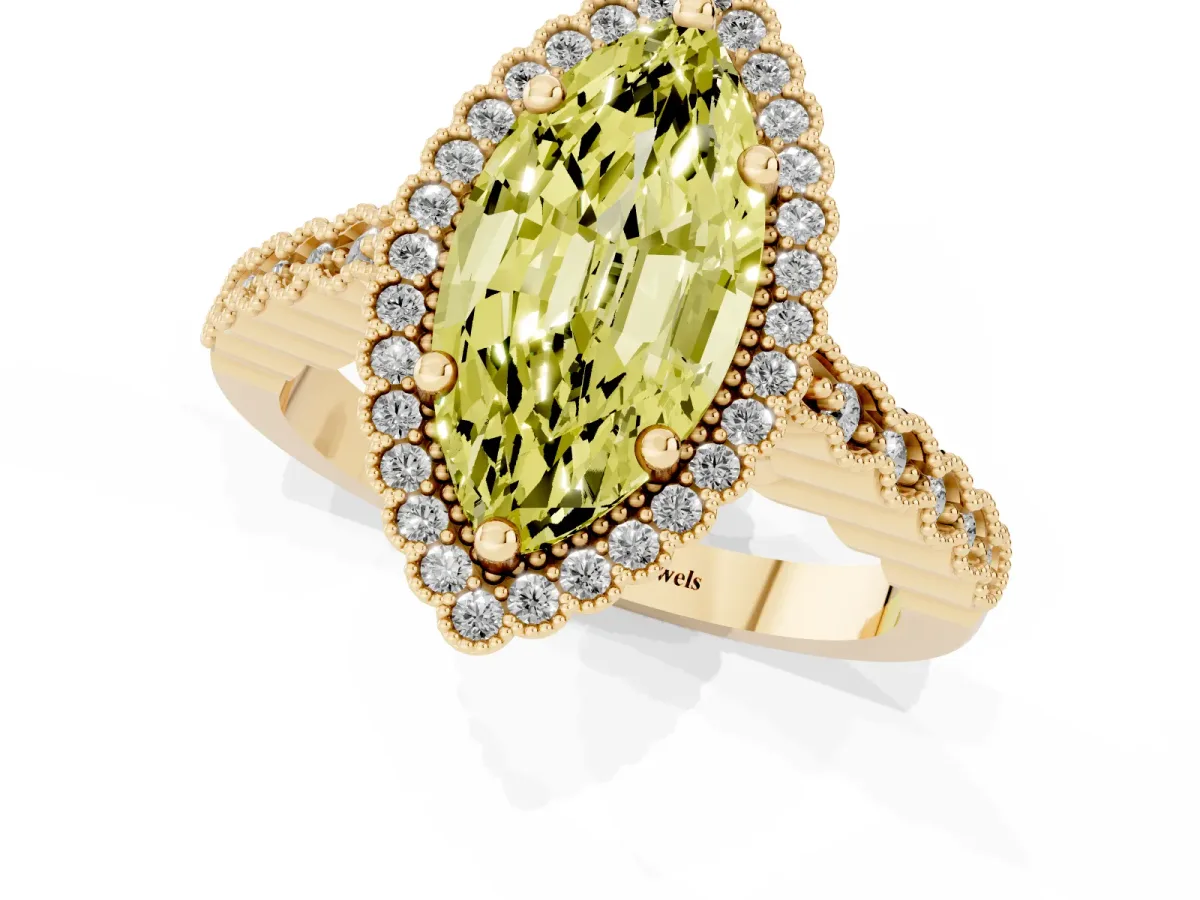 Fancy Yellow Marquise Cut Cut Halo Pavé Solitaire Ring with Milgrain Band Yellow gold