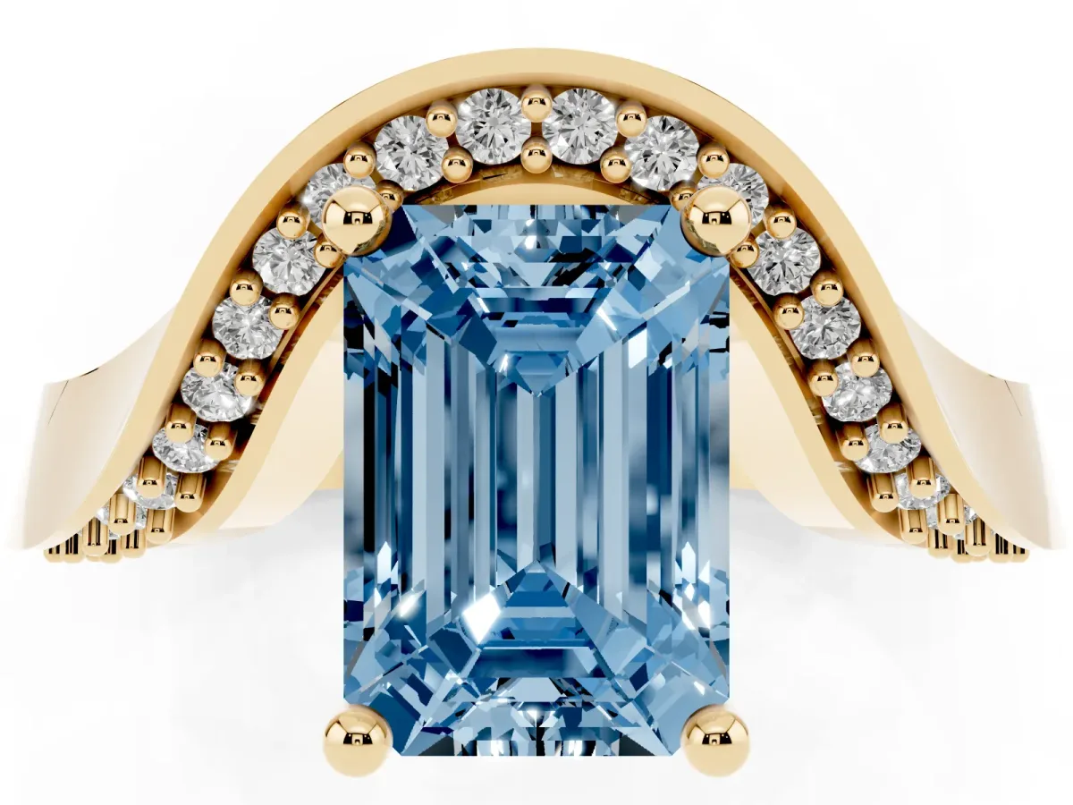 Fancy Blue Emerald Cut Solitaire Diamond Engagement Ring with Pave Band and Four-Prong Setting Yellow gold