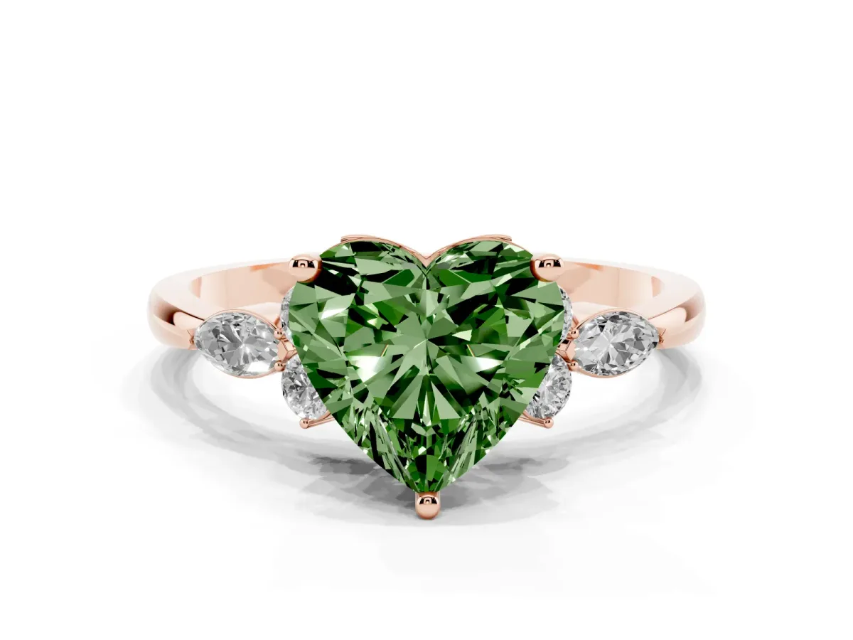 Fancy Green Heart Cut Brilliant Diamond Solitaire Ring with Pear Side Stones and Four-Prong Setting Rose gold