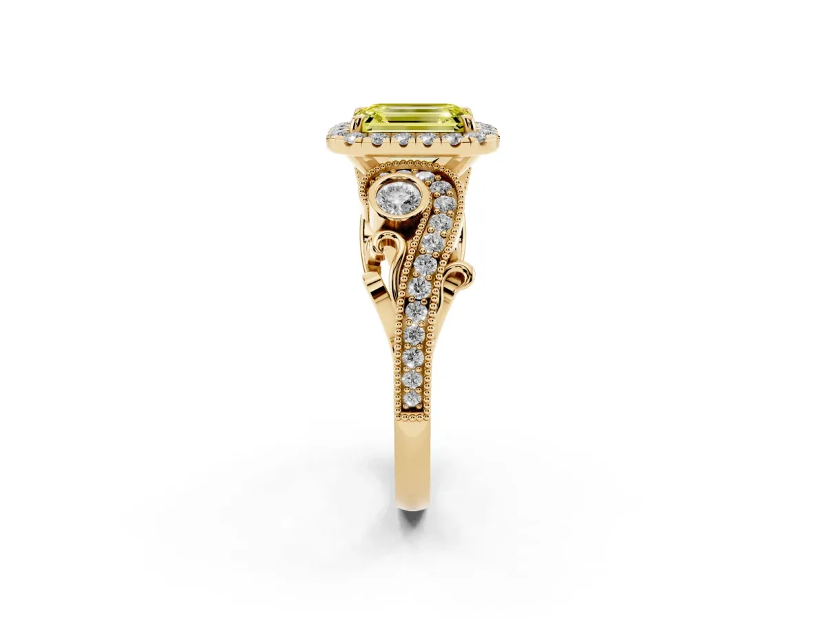 Fancy Yellow Emerald Cut Diamond Halo Ring with Milgrain Pavé Band and Four-Prong Setting Yellow gold
