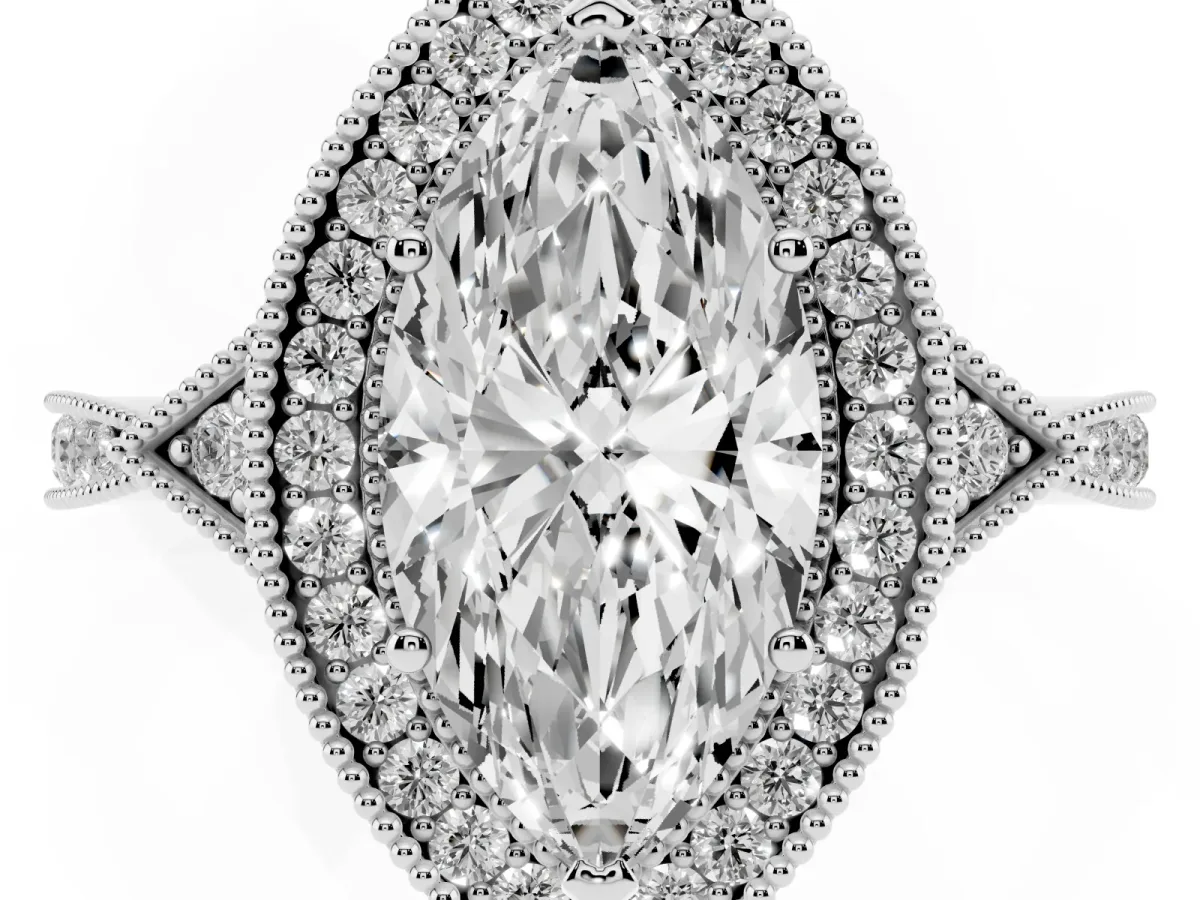 Marquise Cut Halo Round Diamond Milgrain Pave Engagement Ring Silver