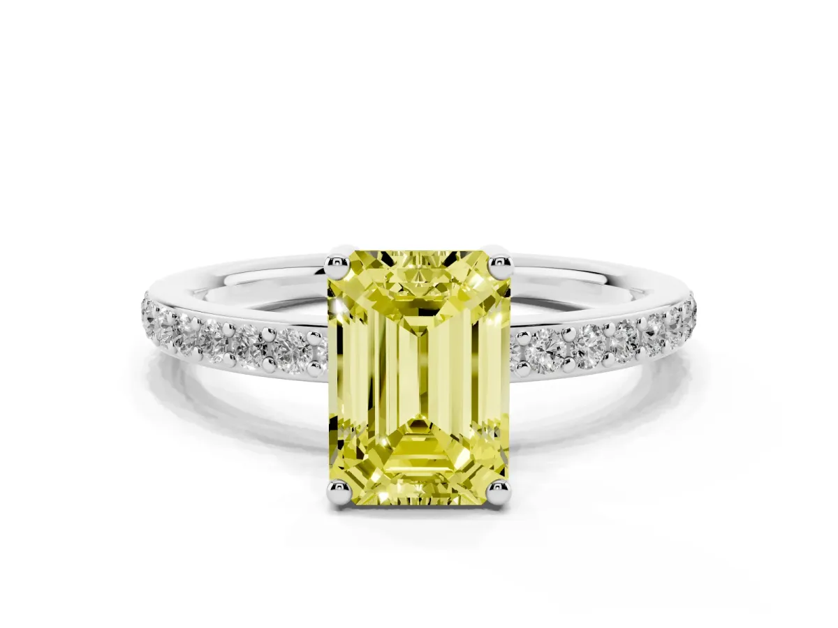 Fancy Yellow Emerald Cut Cut Diamond Pavé Band Ring with Four-Prong Setting Silver