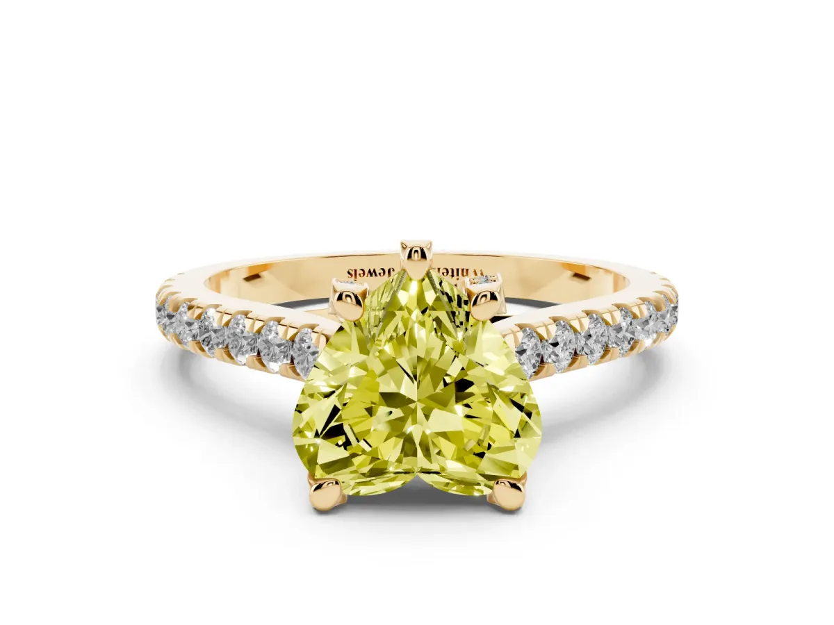 Fancy Yellow Heart Cut Brilliant Diamond Solitaire with Pavé Band and Four-Prong Setting Yellow gold