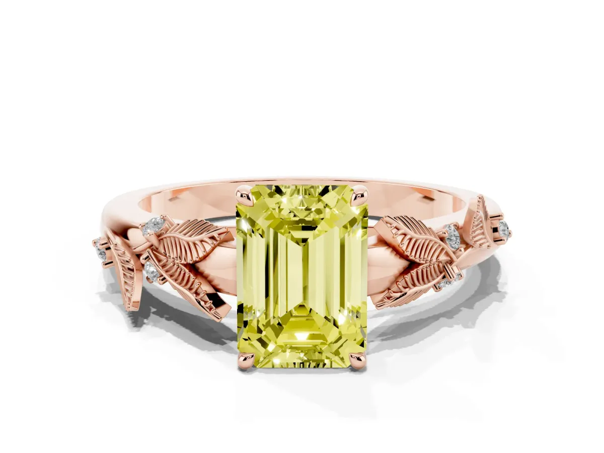 Fancy Yellow Emerald Cut Diamond Solitaire Ring with Leaf Motif Band and Four-Prong Setting Rose gold