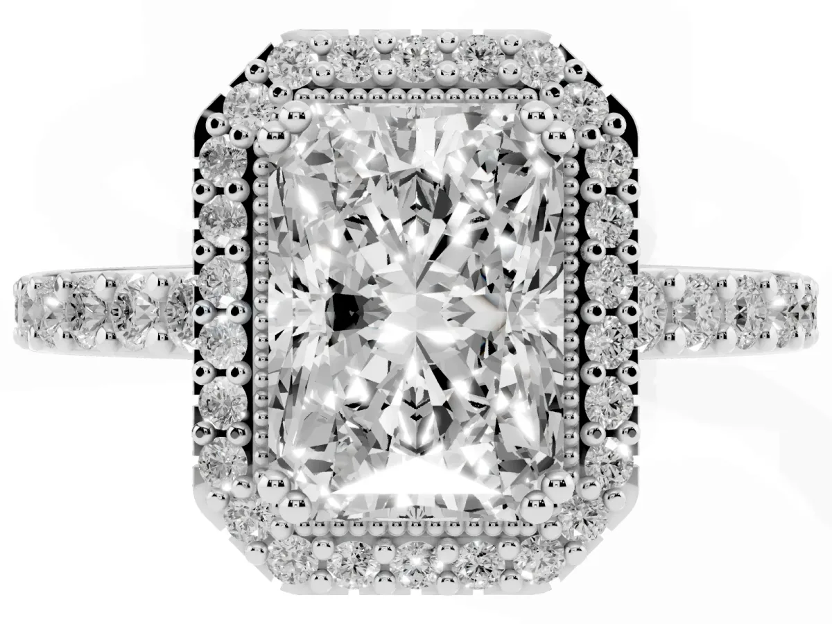 Radiant Cut Cut Diamond Halo Engagement Ring with Milgrain Detail and Pavé Band Silver
