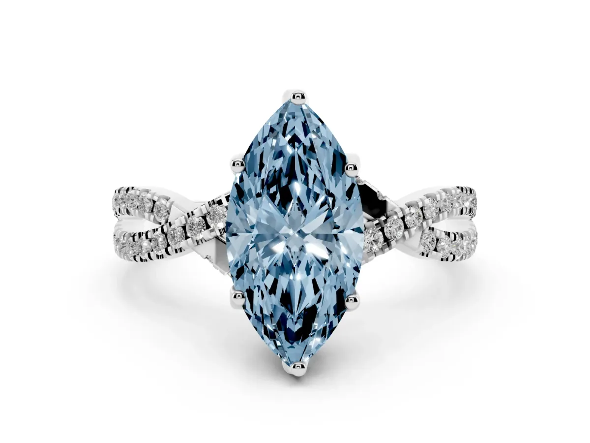 Fancy Blue Marquise Cut Solitaire Twist Pave Diamond Engagement Ring with Prong Setting Silver