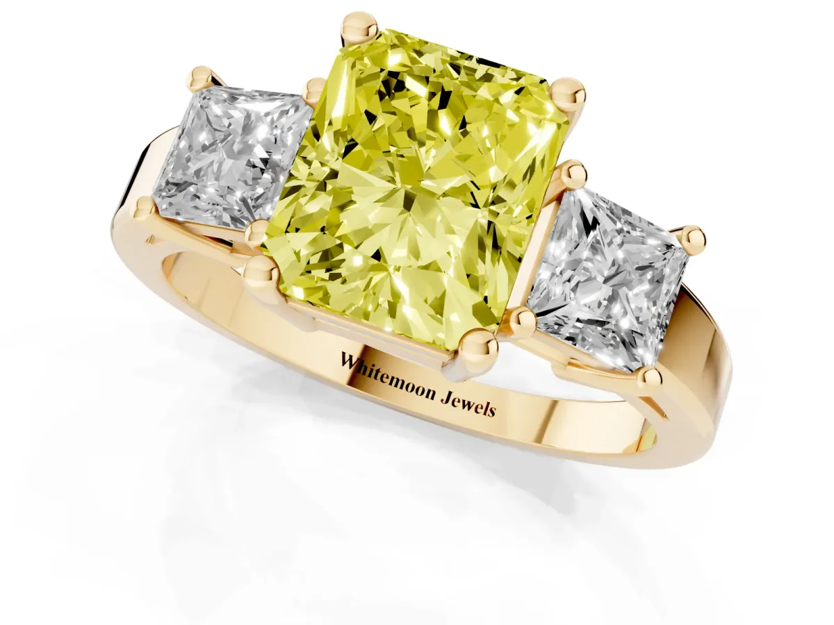 Fancy Yellow Three-Stone Radiant Cut Cut Solitaire Ring with Prong Setting Yellow gold