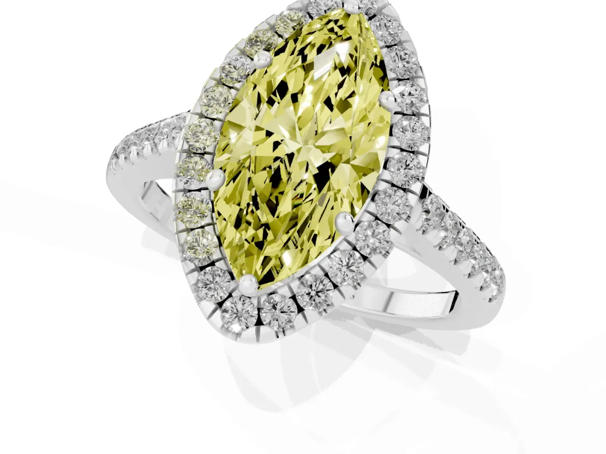 Fancy Yellow Marquise Cut Halo Pave Diamond Engagement Ring with Four-Prong Setting Silver